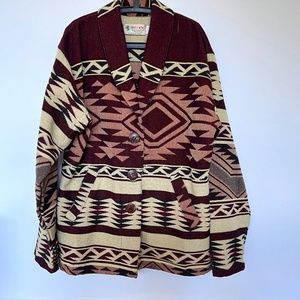 INKA'S WORLD XL Blazer Jacket Wool Alpaca Ecuador Aztec Design Yellow Burgundy